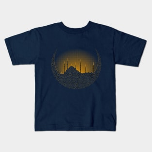 Blue mosque in a crescent over sunset Kids T-Shirt